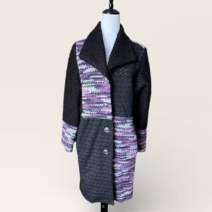 ZOE Y2K Patchwork Trench Jacket Black Purple Stretch Button Front Womens Medium